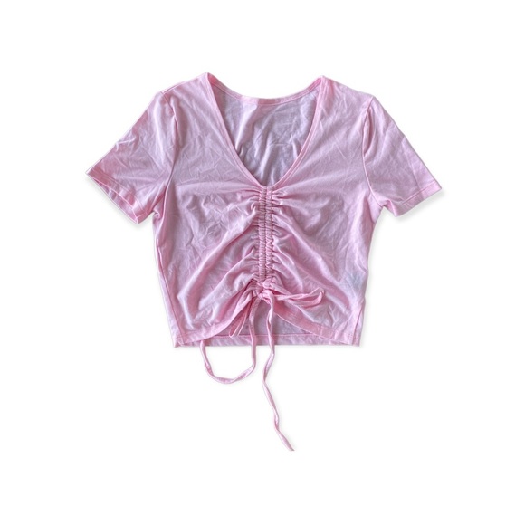 Bright pink ruched v neck top from SHEIN size women's S. New w/o tags. L 15". - Picture 2 of 4